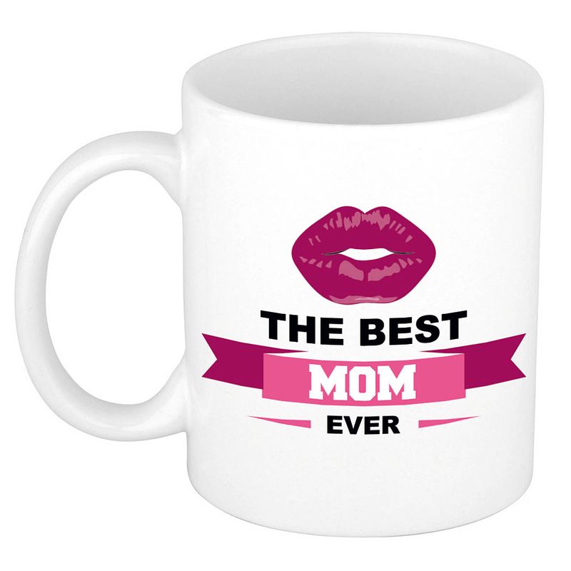 Foto van The best mom ever cadeau mok / beker wit met wimpel en kus - feest mokken