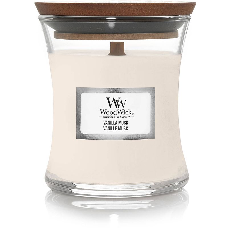 Foto van Woodwick geurkaars mini vanilla musk - 8 cm / ø 7 cm