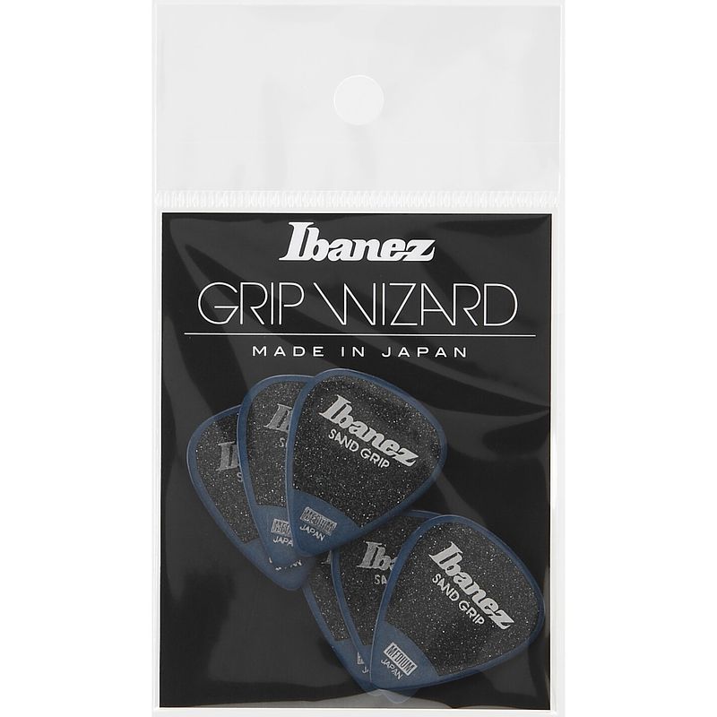 Foto van Ibanez ppa14msgdb grip wizard series sand grip plectrumset 6-pack teardrop blauw medium