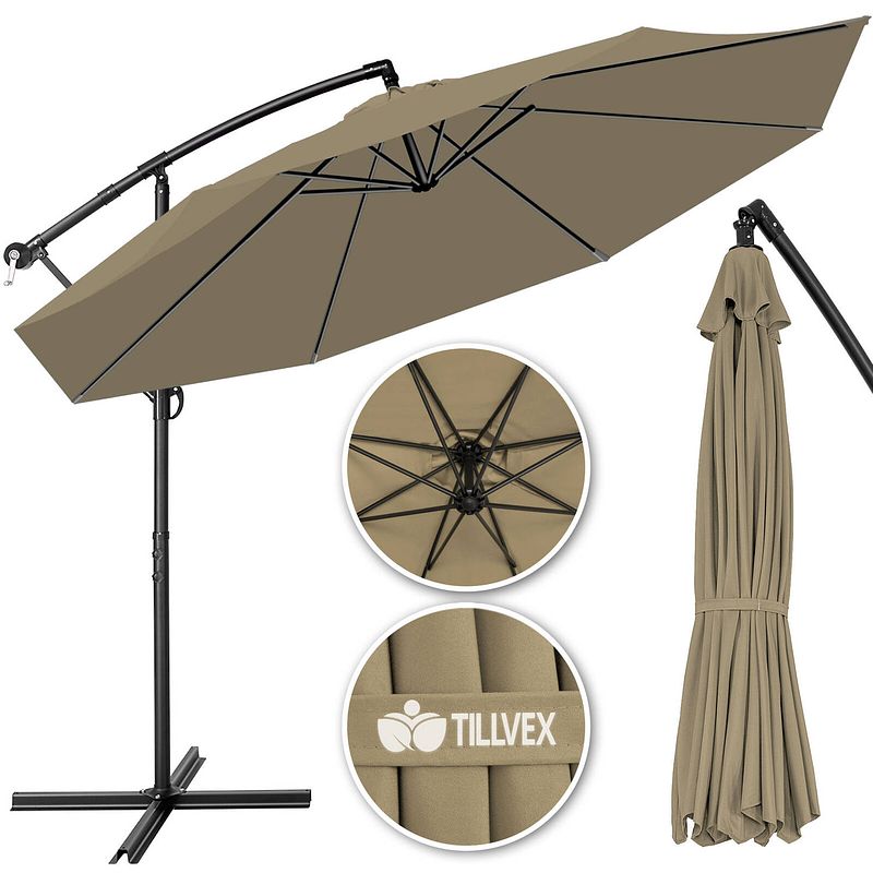 Foto van Tillvex parasol ø 3m bruin-zweefparasol -hangparasol- vrijhangende parasol- tuinparasol- slinger-balkon- aluminium-ka...