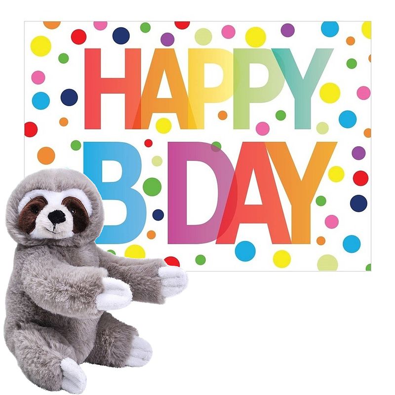 Foto van Pluche dieren knuffel luiaard 25cm met happy birthday wenskaart - knuffeldier