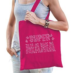 Foto van Glitter super mama katoenen tas roze rhinestones steentjes voor dames - moederdag - feest boodschappentassen