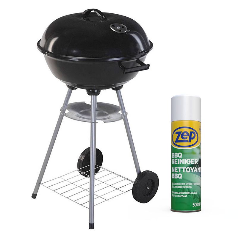 Foto van Progarden kogelbarbecue op wielen met gratis zep bbq reiniger - zwart - 46x82cm - 500 ml