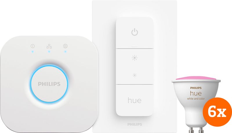 Foto van Philips hue white and color starter pack gu10 met 6 lampen, dimmer + bridge