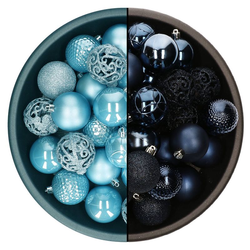 Foto van Decoris kerstballen - 74x st - donkerblauw en ijsblauw - 6 cm - kunststof - kerstbal