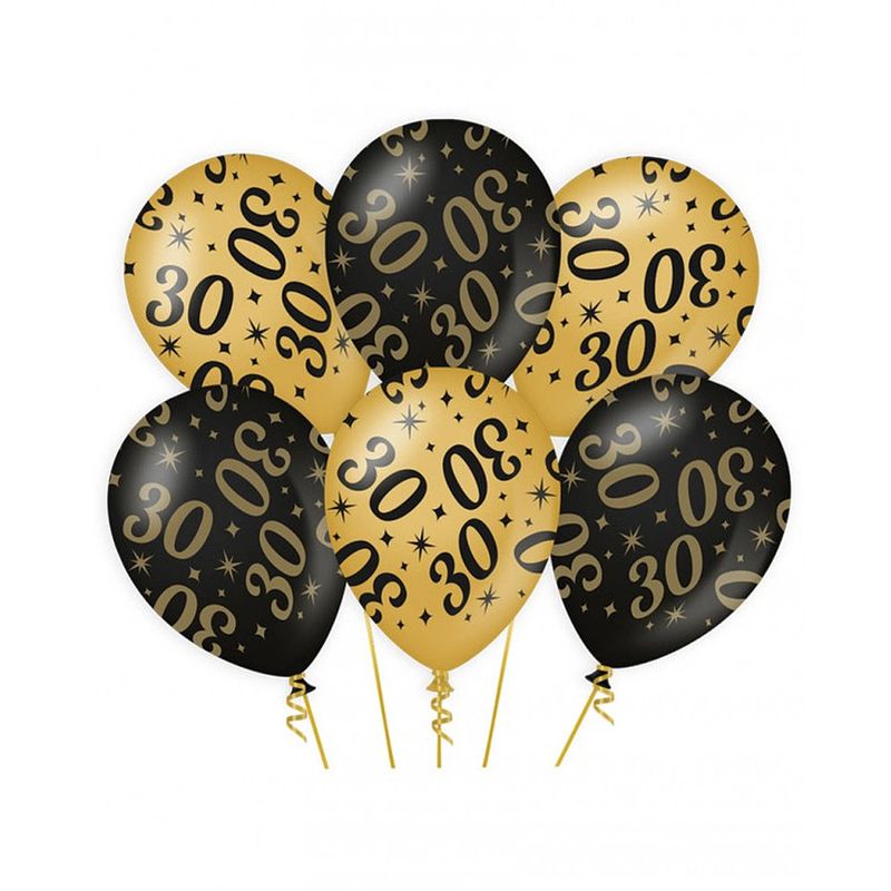 Foto van 6x stuks leeftijd verjaardag feest ballonnen 30 jaar geworden zwart/goud 30 cm - ballonnen