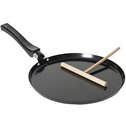 Foto van Zwarte pannenkoekenpan/crepepan 24 cm met anti-aanbak laag en houten beslag verdeler - wokpannen