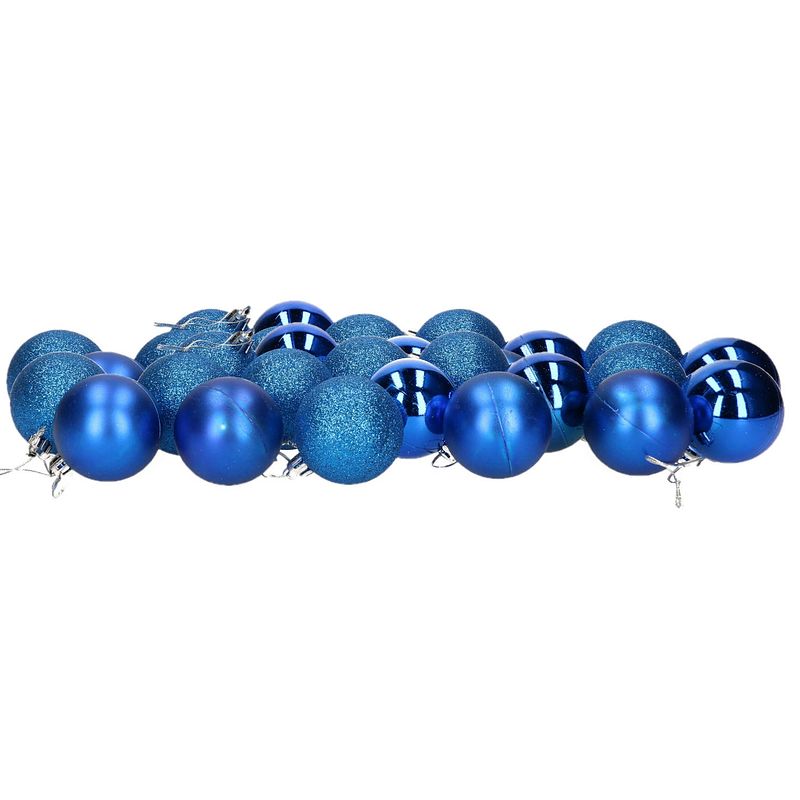 Foto van 32x stuks kerstballen blauw mix van mat/glans/glitter kunststof 5 cm - kerstbal