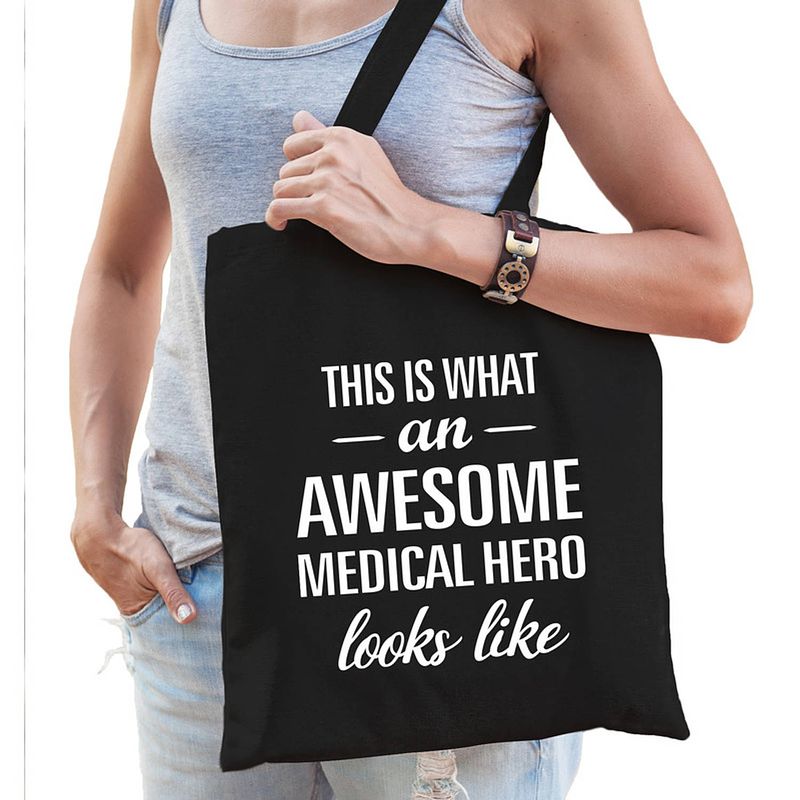 Foto van Awesome medical hero / held cadeau tas zwart voor dames - feest boodschappentassen