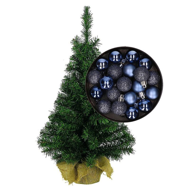 Foto van Mini kerstboom/kunst kerstboom h45 cm inclusief kerstballen donkerblauw - kunstkerstboom