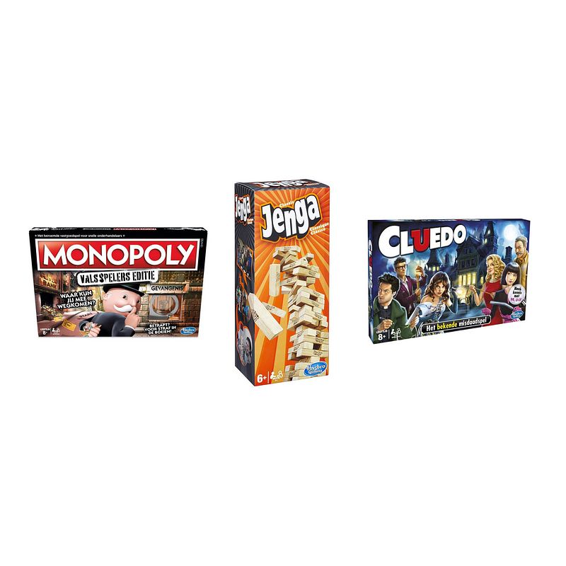 Foto van Spellenbundel - bordspellen - 3 stuks - monopoly valsspelerseditie & jenga & cluedo