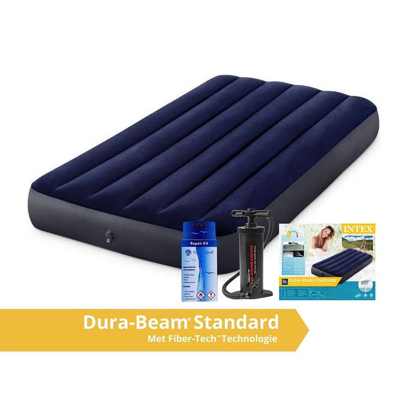 Foto van Intex classic dura-beam - luchtbed - 1 persoons - met repairset en handpomp - 191x99x25 cm - pvc - blauw