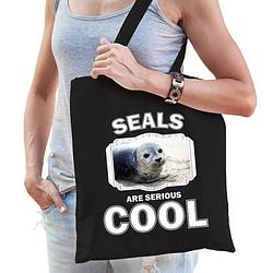 Foto van Katoenen tasje seals are serious cool zwart - zeehonden/ grijze zeehond cadeau tas - feest boodschappentassen