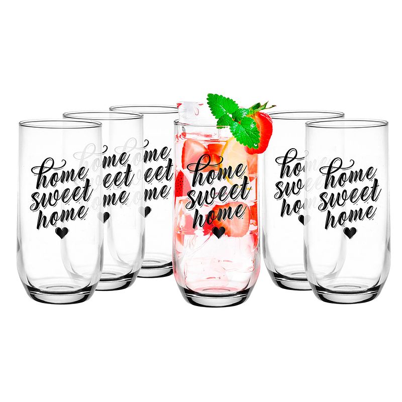 Foto van Glasmark drinkglazen/waterglazen tumblers home sweet home - transparant glas - 6x stuks - 400 ml - drinkglazen