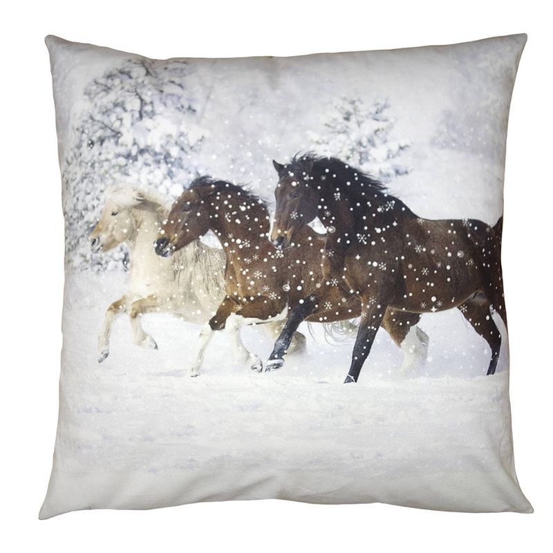 Foto van Clayre & eef kussenhoes 45x45 cm wit bruin polyester paarden sierkussenhoes wit sierkussenhoes