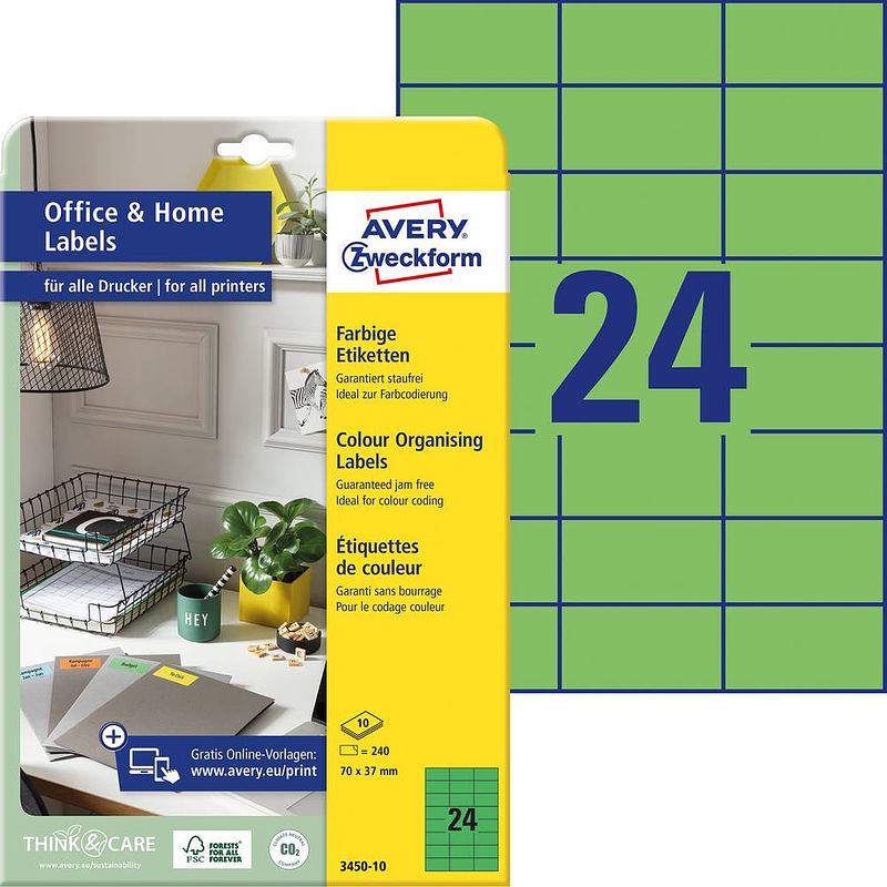 Foto van Avery-zweckform 3450-10 etiketten 70 x 37 mm papier groen 240 stuk(s) permanent universele etiketten 10 vel