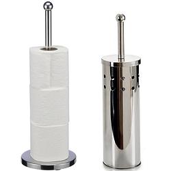 Foto van Wc-/toiletborstel in houder 40 cm met wc-rollen houder - rvs zilver - badkameraccessoireset