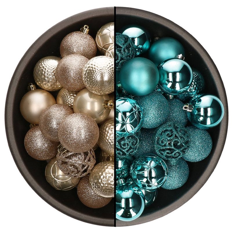 Foto van 74x stuks kunststof kerstballen mix van champagne en turquoise blauw 6 cm - kerstbal