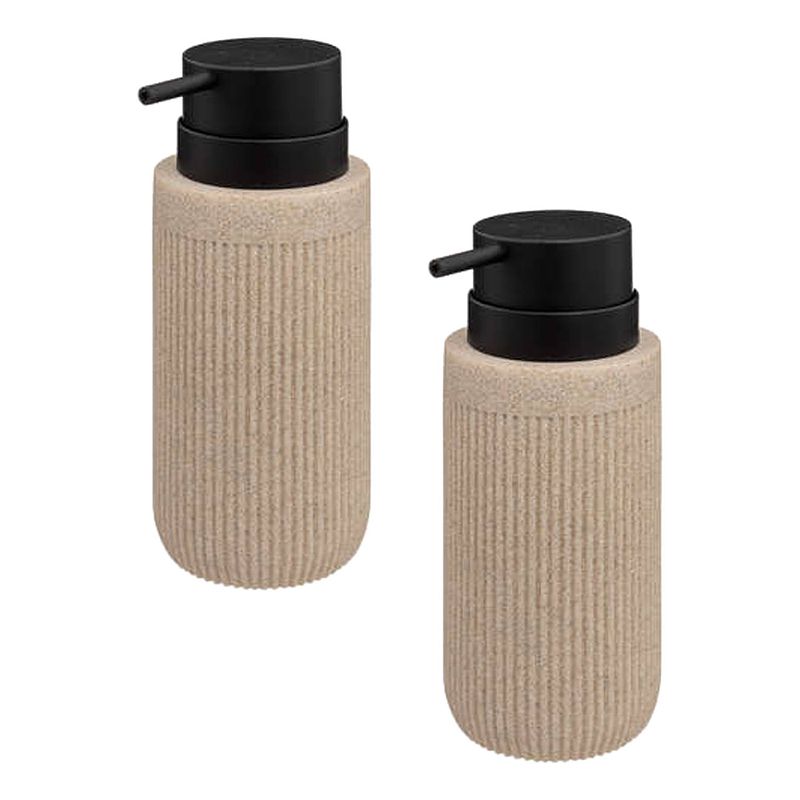 Foto van 5five zeeppompje/zeep dispenser onyx - 2x stuks - beige - polystone - 17 x 7 cm - 350 ml - zeeppompjes