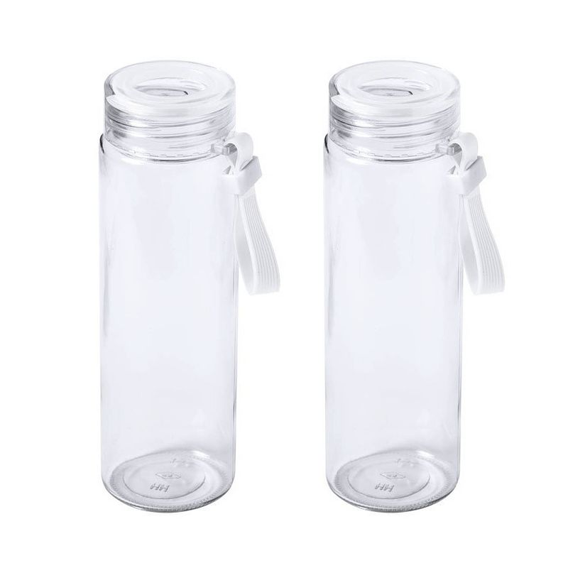 Foto van 2x stuks glazen waterfles/drinkfles transparant met schroefdop wit handvat 420 ml - drinkflessen