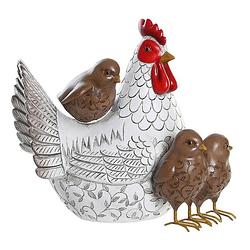 Foto van Home decoratie dieren/vogel beeldje - kip met kuikens - 25 x 22 cm - binnen/buiten - wit/bruin - beeldjes