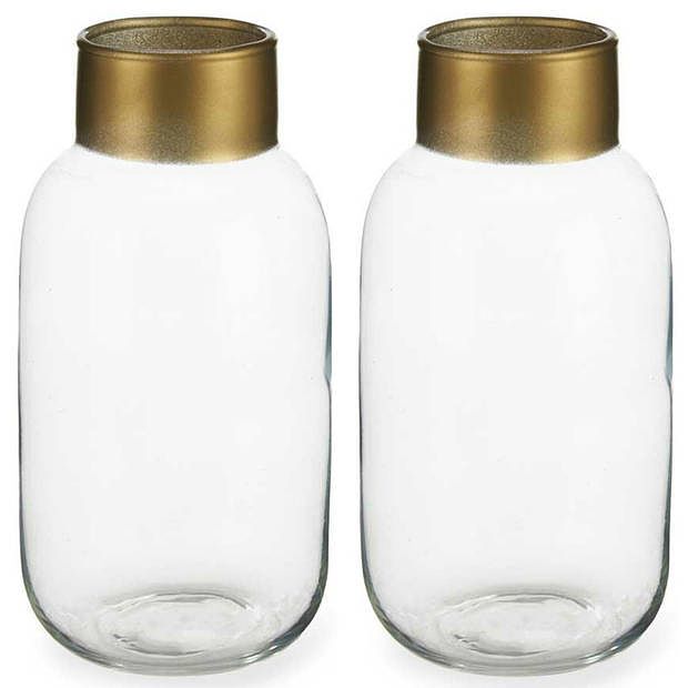 Foto van Bloemenvazen 2x stuks - luxe decoratie glas - transparant/goud - 14 x 30 cm - vazen