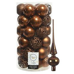 Foto van 37x stuks kunststof kerstballen 6 cm incl. glanzende glazen piek kaneel bruin - kerstbal