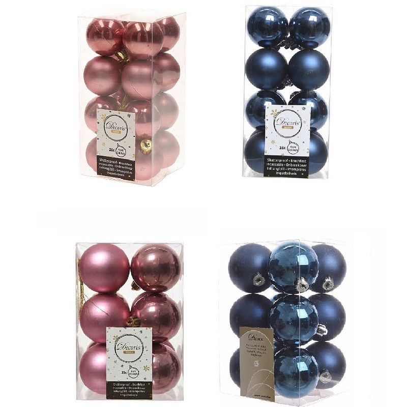 Foto van Kerstversiering kunststof kerstballen mix donkerblauw/oud roze 4 en 6 cm pakket van 80x stuks - kerstbal