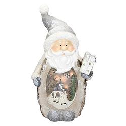 Foto van Ecd germany kerstman decoratie figuur met led-verlichting 52cm warm wit met grijze hoed en sjaal, houten look