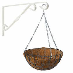 Foto van Hanging basket 30 cm met klassieke muurhaak wit en kokos inlegvel - metaal - complete hangmand set - plantenbakken