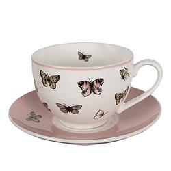 Foto van Clayre & eef kop en schotel 200 ml wit roze porselein vlinders servies wit servies