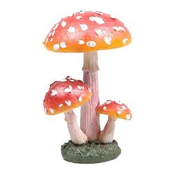 Foto van Decoratie huis/tuin beeldje paddenstoelen - lage hoed - vliegenzwammen - rood/wit - 10 cm - tuinbeelden