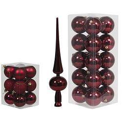 Foto van Kerstversiering set kerstballen met piek donkerrood 6 - 8 cm - pakket van 56x stuks - kerstbal