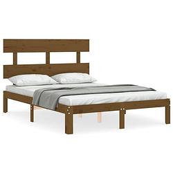 Foto van The living store massief grenenhouten bedframe - honingbruin - 203.5 x 123.5 x 81 cm - multiplex lattenbodem