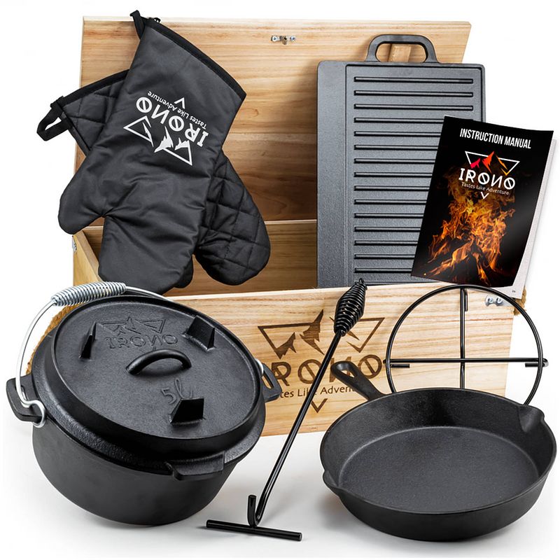 Foto van Irono dutch oven - pan gietijzer - 5 liter set - houten kist - gietijzeren pan bbq 4-delig - multifunctionele kookset