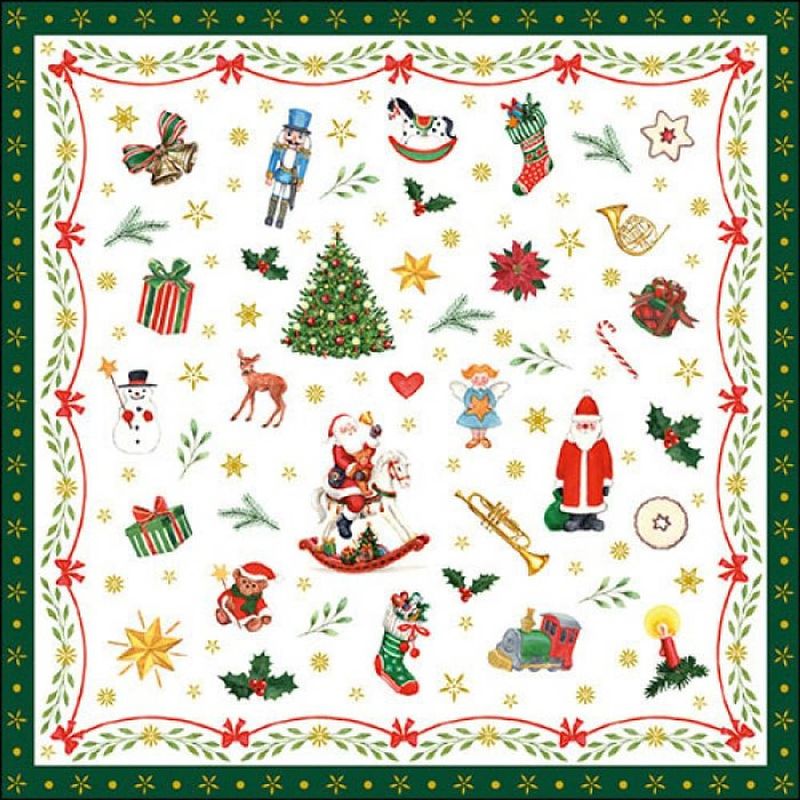 Foto van 40x stuks kerstdiner/kerst thema servetten met kerstfiguren 33 x 33 cm groen - feestservetten