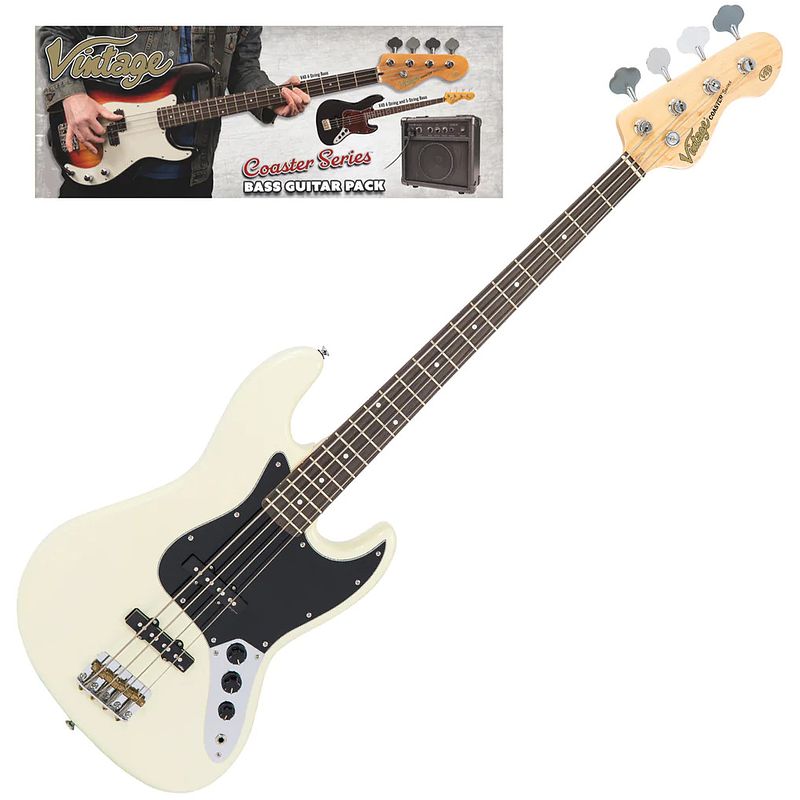 Foto van Vintage vip-v49vw coaster series vintage white bass pack elektrische basgitaar set met versterker