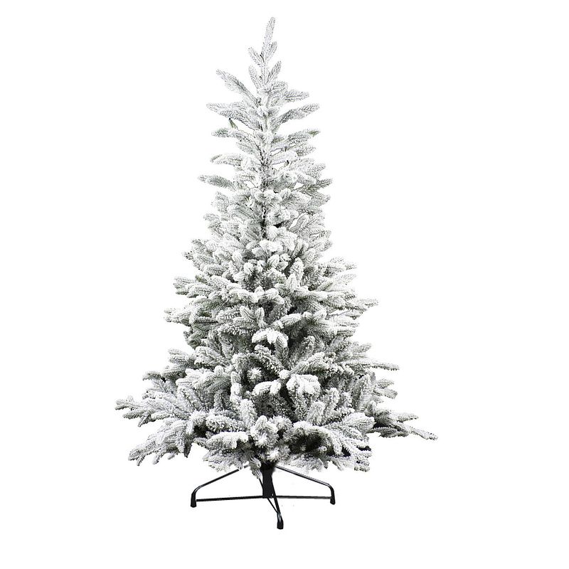 Foto van Toronto kunstkerstboom - 210 cm - groen - ø 147 cm - 851 tips - besneeuwd - metalen voet