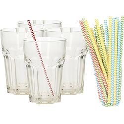 Foto van Set van 4x longdrink glazen en 100x duurzame papieren rietjes - 360 ml - drinkglazen