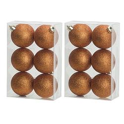 Foto van 12x stuks kunststof glitter kerstballen oranje 6 cm - kerstbal