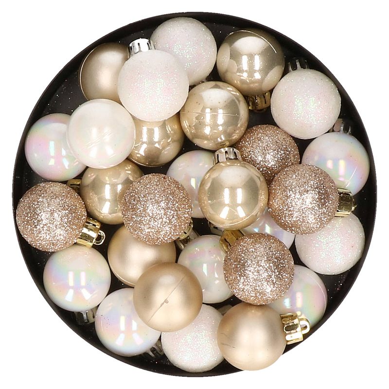 Foto van 28x stuks kunststof kerstballen parelmoer wit en parel champagne mix 3 cm - kerstbal