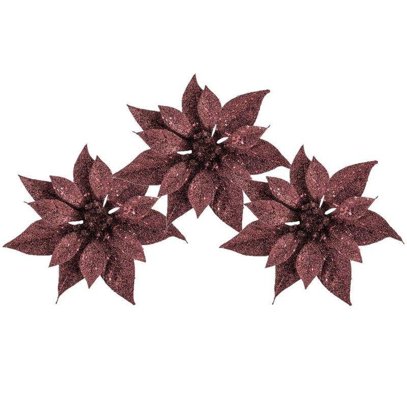 Foto van 3x stuks decoratie bloemen kerstster donkerrood glitter op clip 18 cm - kunstbloemen