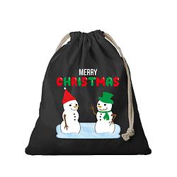 Foto van 1x kerst cadeauzak zwart sneeuwpoppen met koord voor als cadeauverpakking - cadeauverpakking kerst