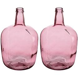 Foto van Bloemenvazen 2x stuks - flessen model - glas - roze transparant - 22 x 39 cm - vazen