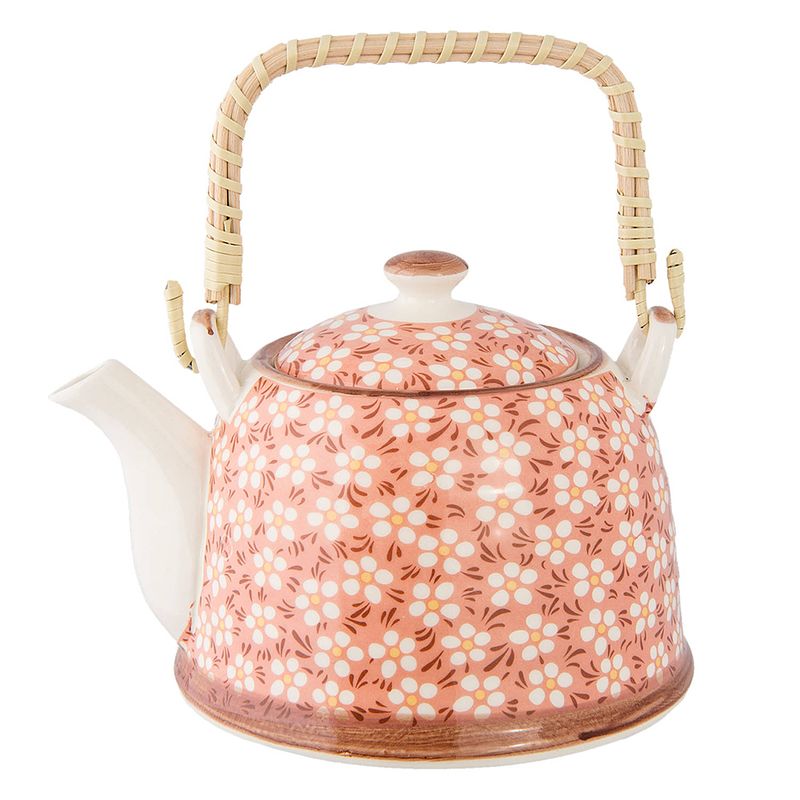 Foto van Haes deco - chinese theepot - porselein - wit, rode bloemen - theepot 700 ml - traditioneel theeservies, theekan