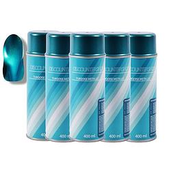 Foto van 6x spuitverf spuitlak spuitbus turquoise metallic 3010 / 2125 vernis sneldrogend transparant binnen & buit