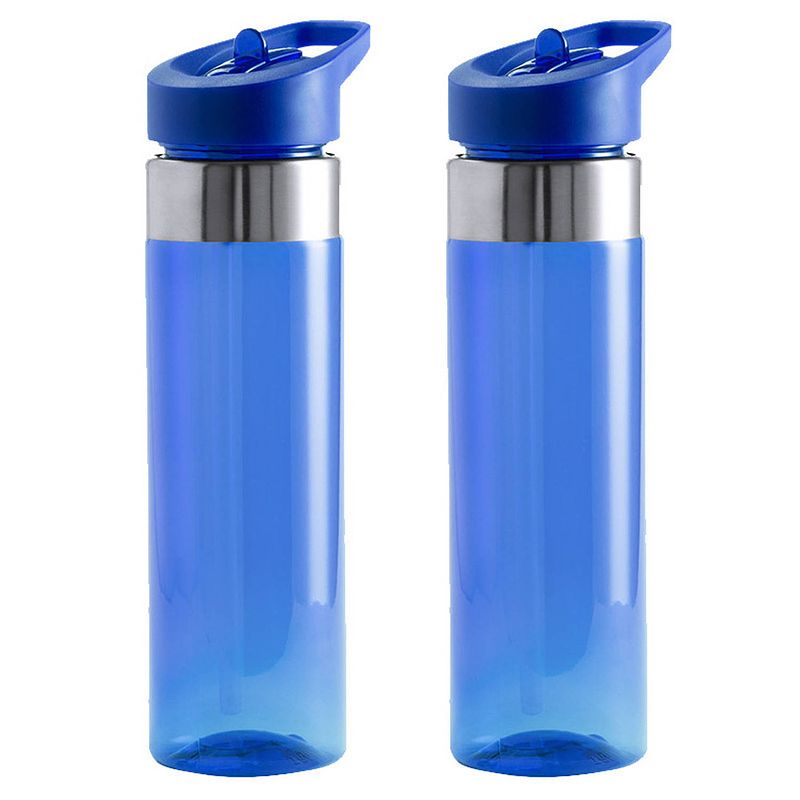 Foto van Set van 2x stuks drinkfles/waterfles/sport bidon blauw kunststof 650 ml - drinkflessen