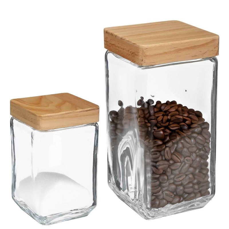 Foto van Keuken voorraadpotten glas met houten deksel - 2 formaten - 6x stuks - voorraadpot