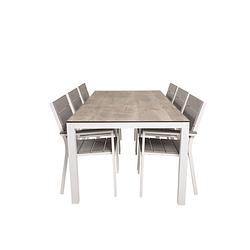 Foto van Llama tuinmeubelset tafel 100x205cm en 6 stoel levels wit, grijs, crèmekleur.