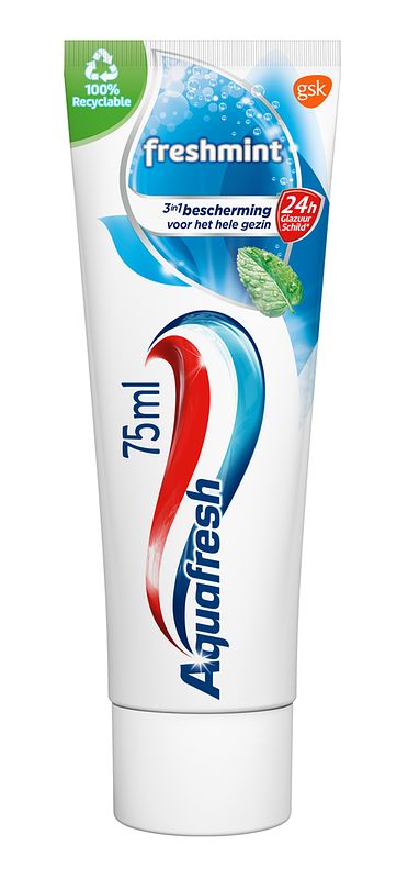 Foto van Aquafresh freshmint 3in1 tandpasta voor een frisse adem 75ml, recyclebare plastic tube en dop bij jumbo